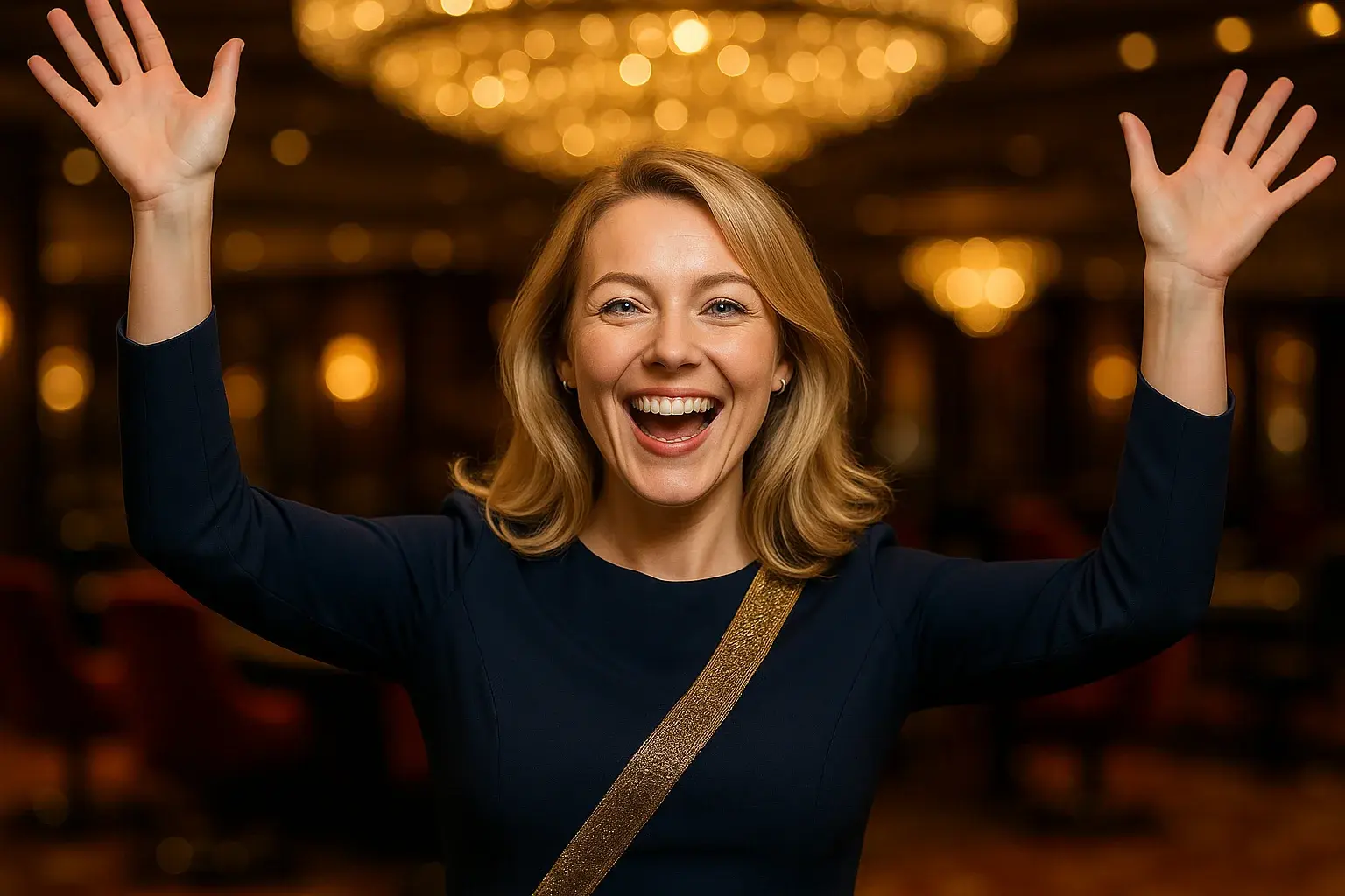Joyful British blonde woman celebrating in casino VIP lounge, navy and gold outfit