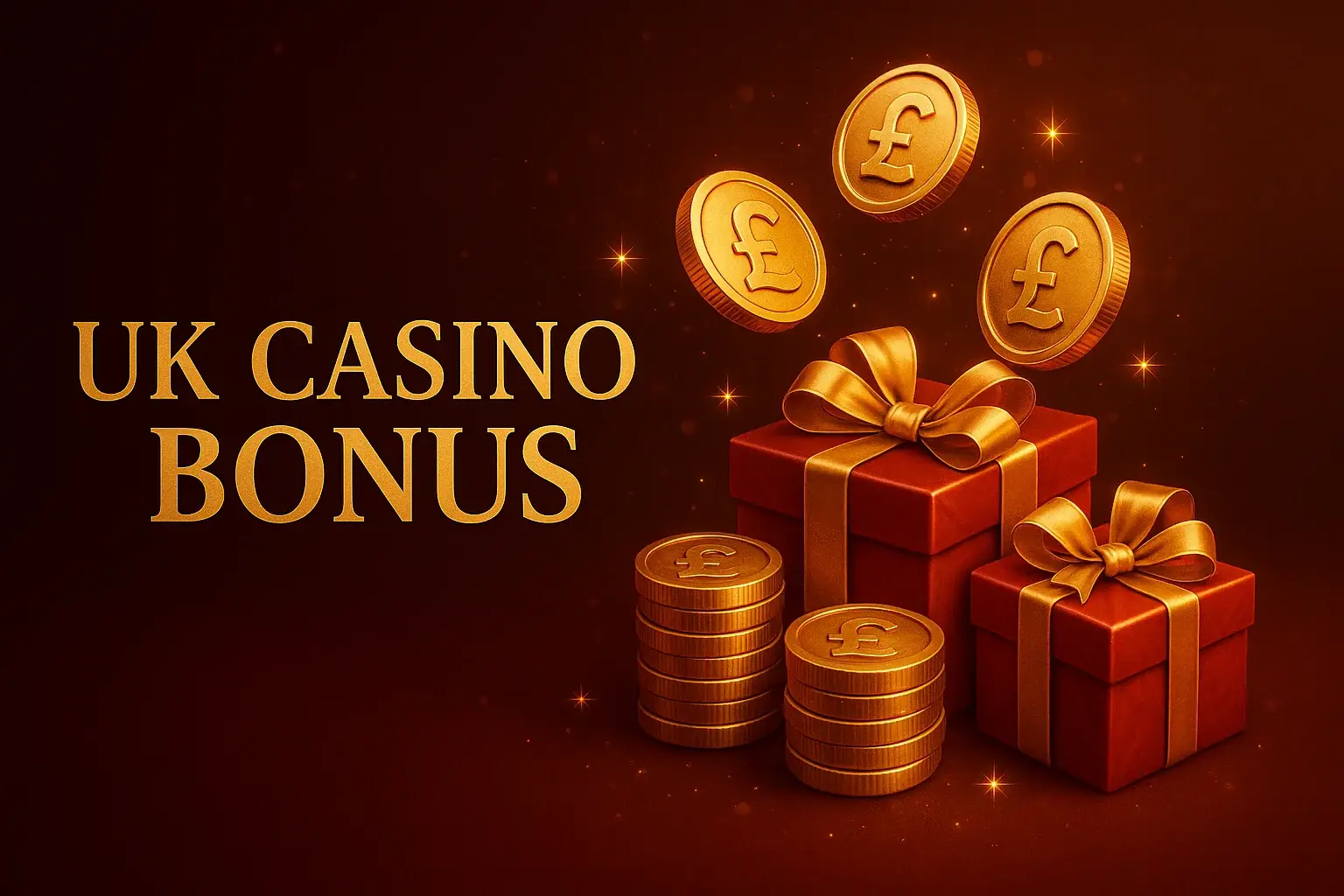 UK casino bonus banner with golden coins, gift boxes and pound symbols