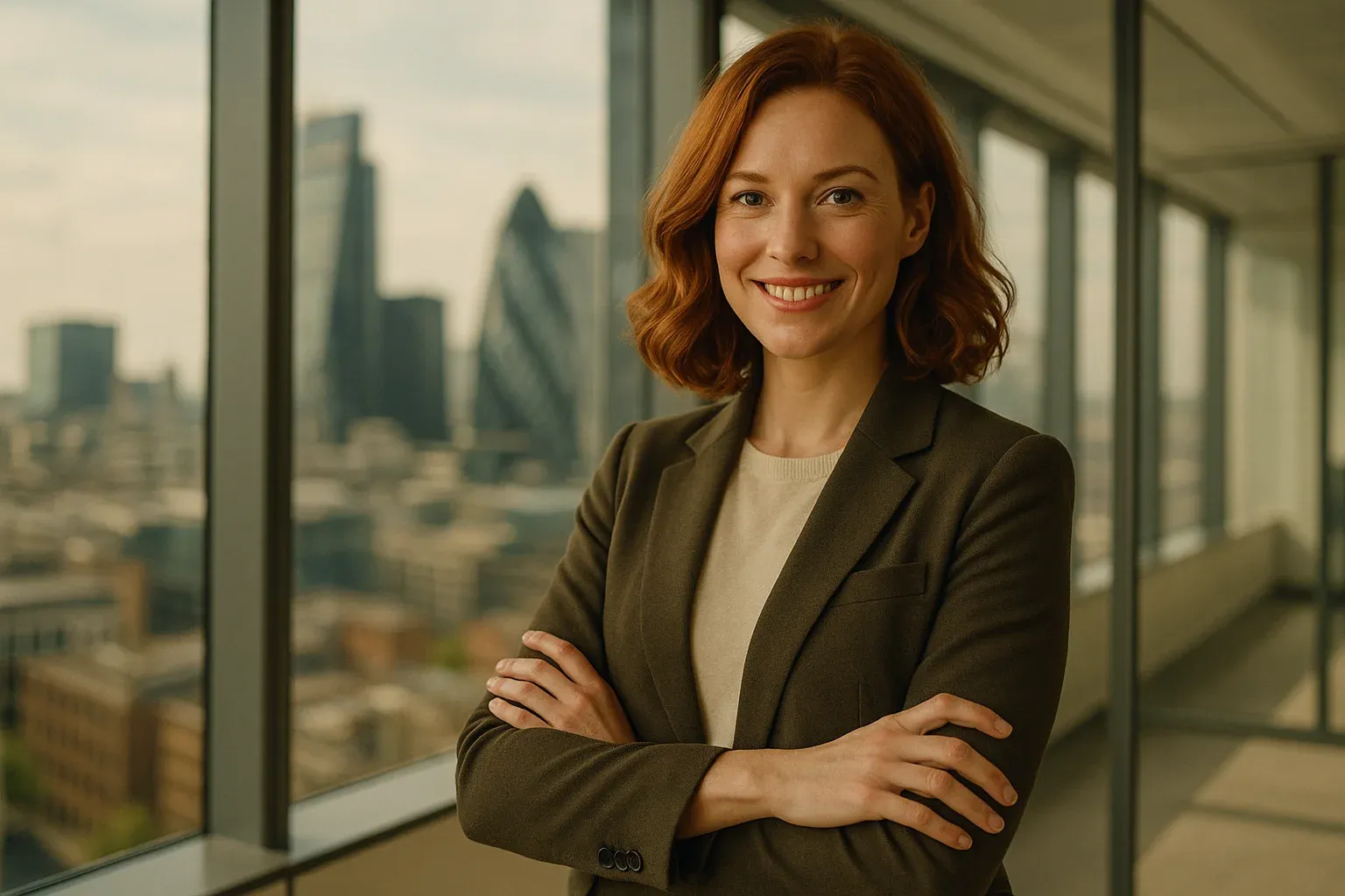 Confident British red-haired woman smiling in modern London office with cityscape