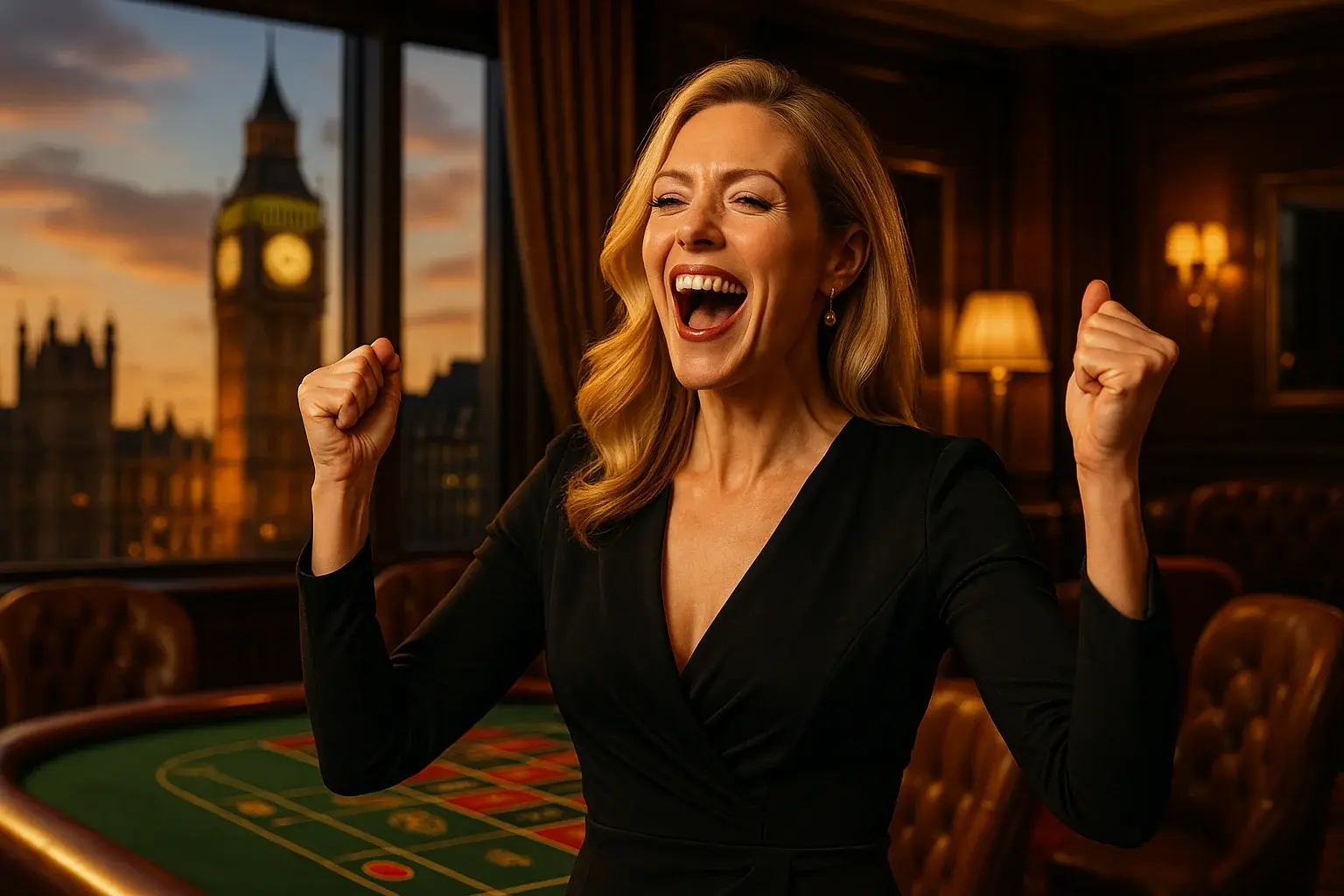 Elegant British blonde woman celebrating in London penthouse with Big Ben view