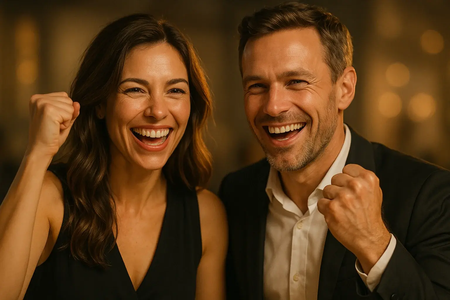 Photorealistic smiling man and woman celebrating together with warm bokeh background