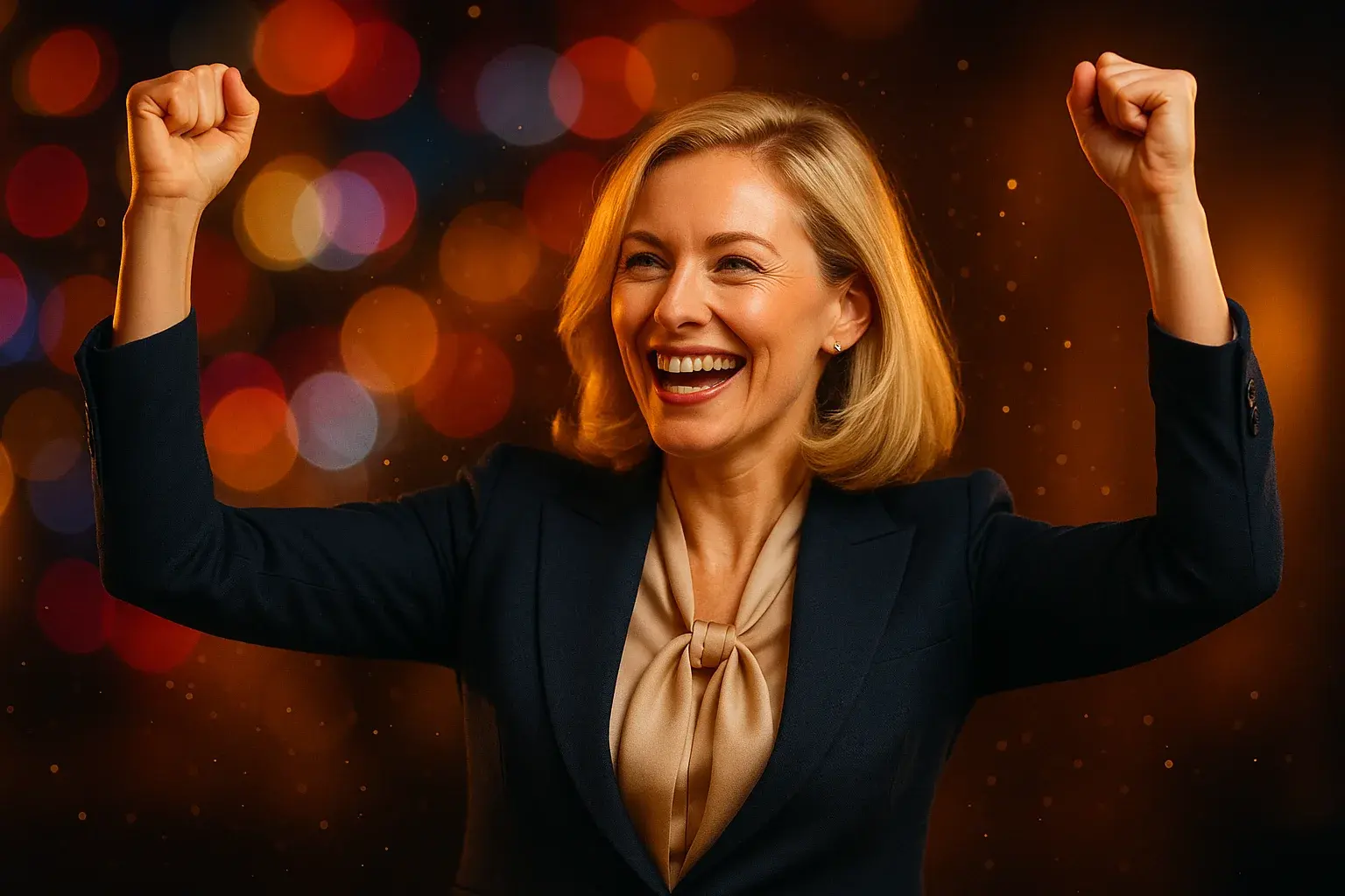Elegant British blonde woman celebrating in premium UK casino bokeh lights